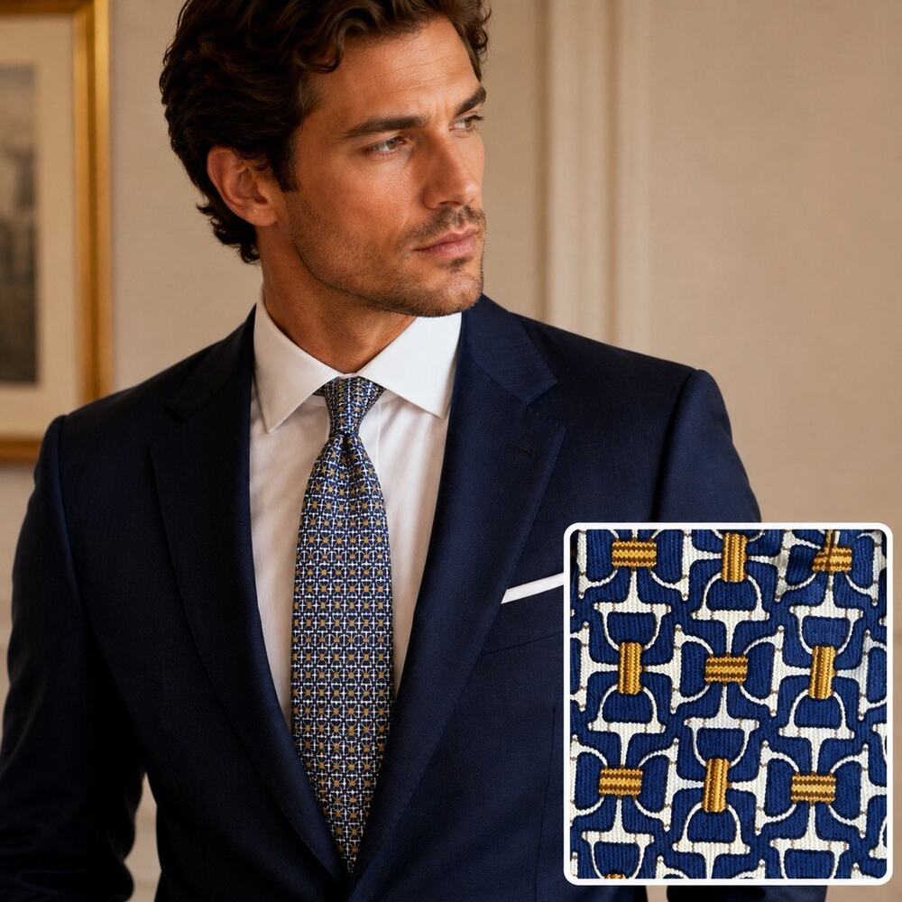 Hermès Paris Horsebit Silk Tie Navy Blue Gold Equestrian Made France NWOT 7058